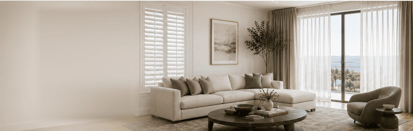 Southern California living room with layered custom window treatments